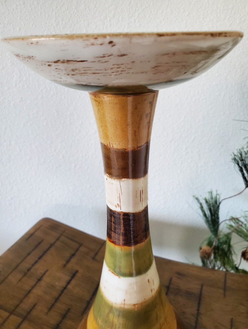 Vintage MCM Striped Ceramic Pillar Candle Holder Retro Earth Tone Pottery Boho - Picture 8 of 11